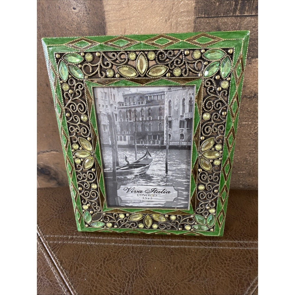 Viva Italia 3.5x5 Picture Frame Green Enamel Bejeweled Venetian Style Vintage‎